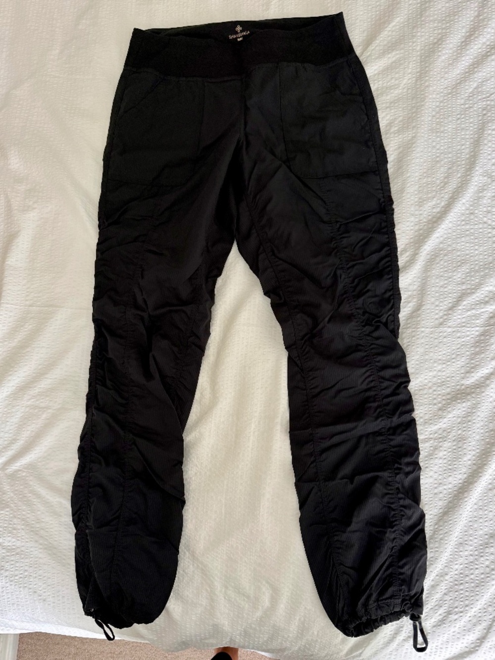 Shambhala ruched woven active pants Marks W Wearhouse Sz M Black Like brand new